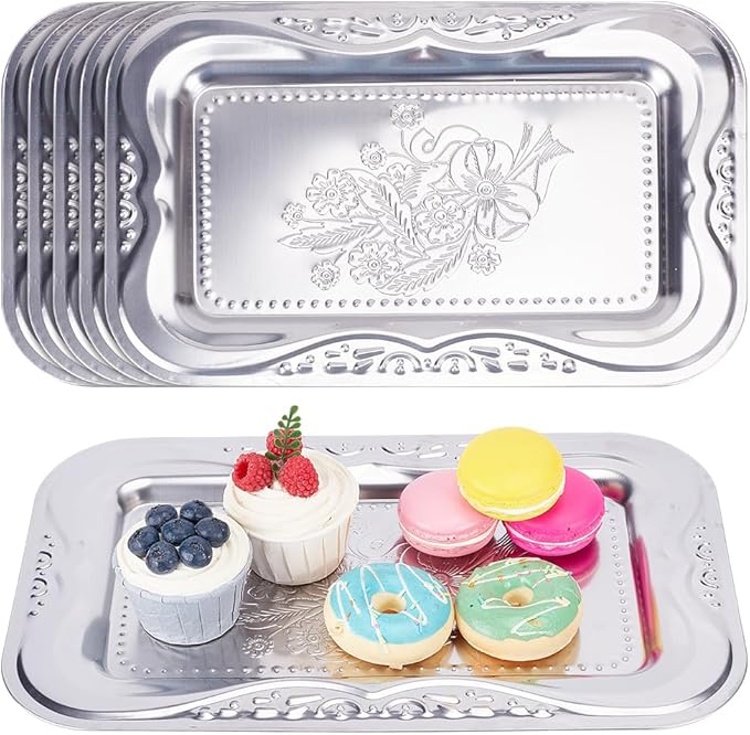 ORIGACH 6 Pack 13.78x8.58 Inch Large Sliver Serving Trays Set, Rectangle Engraved Floral Border Mirror Tray, Stainless Steel Tableware Platters for Cookies, Desserts, Wedding & Birthday Display