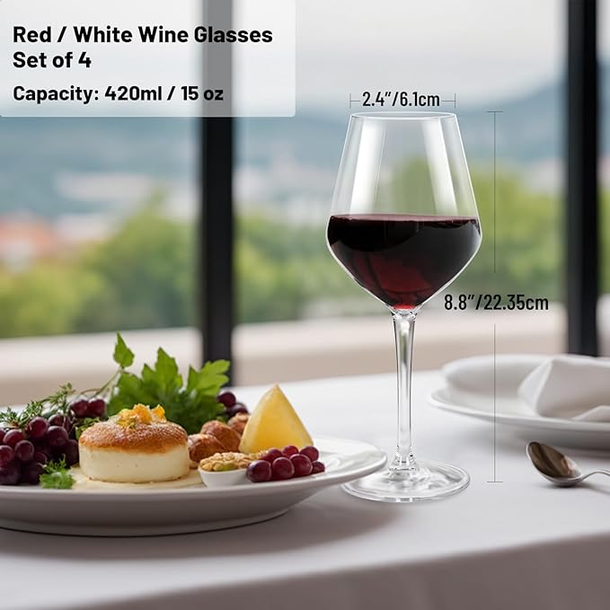 Wine Glasses Set of 4, 15oz Unbreakable Plastic Stemmed Wine Glasses for Red or White, BPA Free, Reusable for Outdoor Camping, Parties, Home Bar, Unique Gift for Christmas, Wedding, or Birthday