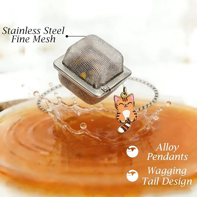 Cat Tea Infuser Set, 2PCS Cubic Loose Leaf Tea Steeper Reusable Stainless Steel Mesh Bags, Cute Tea Strainer with Waving-Tail Cat Charms (Orange Tabby & Silver Tabby)