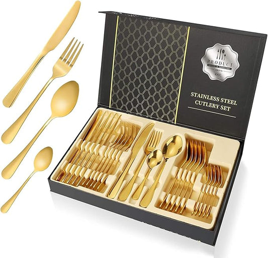 Gold Silverware Set, Stainless Steel Flatware Set Service for 6, Kitchen Cutlery Gift Set Utensils Knife Fork Spoon Dinnerware Tableware Kit for for Home, Wedding, Restaurant (Gold)