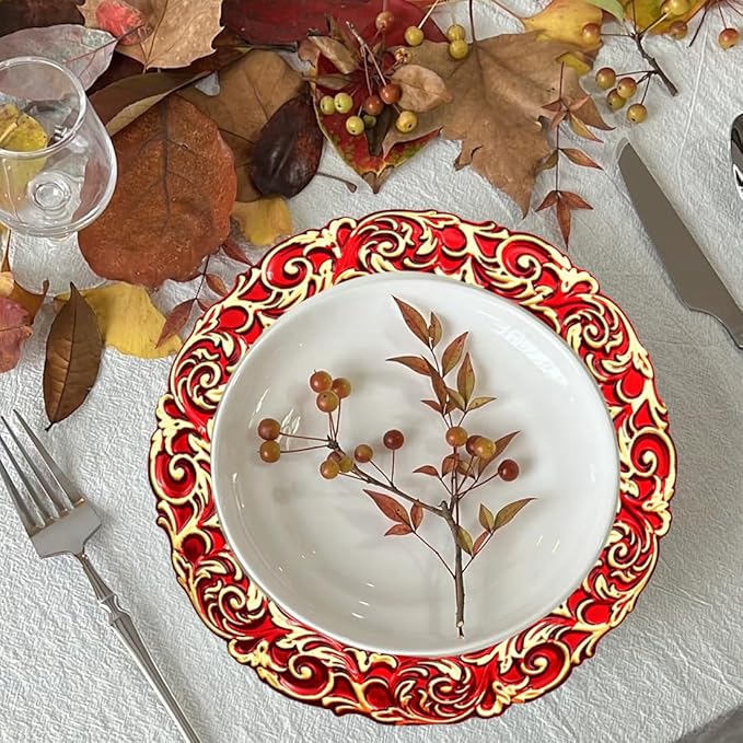 Red Charger Plates with Gold Embossed Rim, Plate Chargers for Dinner Plates. Set of 6, 13 Inch Plastic Charger for Dinner and Party Table Settings, Christmas, Thanksgiving,