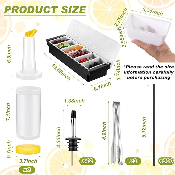 Mifoci Bartending Supplies Garnish Tray with Lid Bar Caddy 3 Tier Glass Rimmer 12 Stainless Steel Bottle Pourers 2 Juice Pour Bottle 1000 Cocktail Straw 3 Serving Tong(6 Compartments,Plastic)