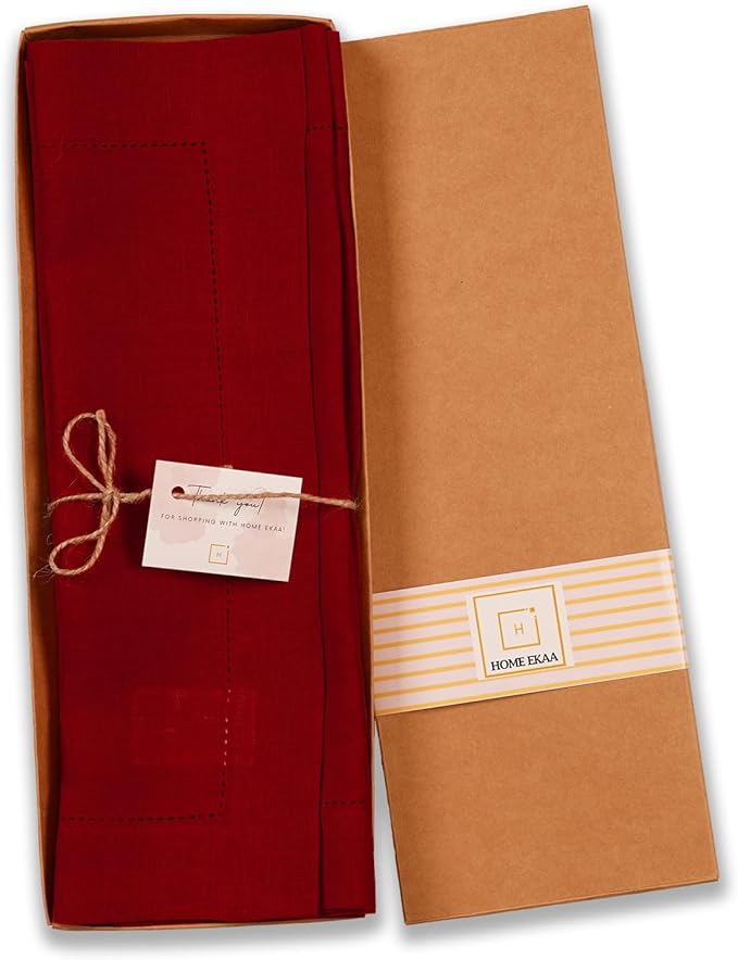 Home Ekaa 100% Pure Linen Red Placemats 14 x 19 Inch - Washable Hemstitch Christmas Placemats Set of 4 – Elegant Cloth Fabric Table Mats for Dining, Fall, Winter, Holiday & New Year – Elara Collection