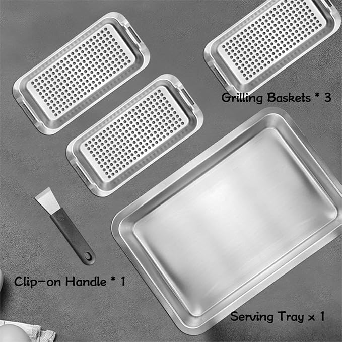 Grill Pans for Outdoor Grill-3 Grilling Baskets|Serving Tray| Clip-on Handle.BBQ Serving Platters with Holes for Grill Fish,Vegetable,Meat and Prep Food Veggie
