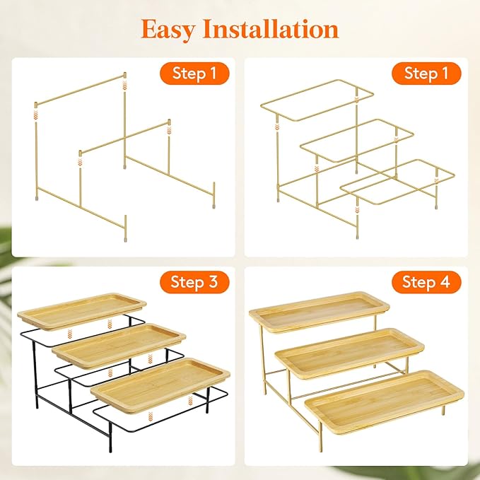 Lifewit 3 Tier Bamboo Serving Tray for Party Supplies, 14" x 6.5" Platters for Serving Food, Reusable Trays with Gold Metal Display Stand for Veggie, Fruit, Cookies, Dessert