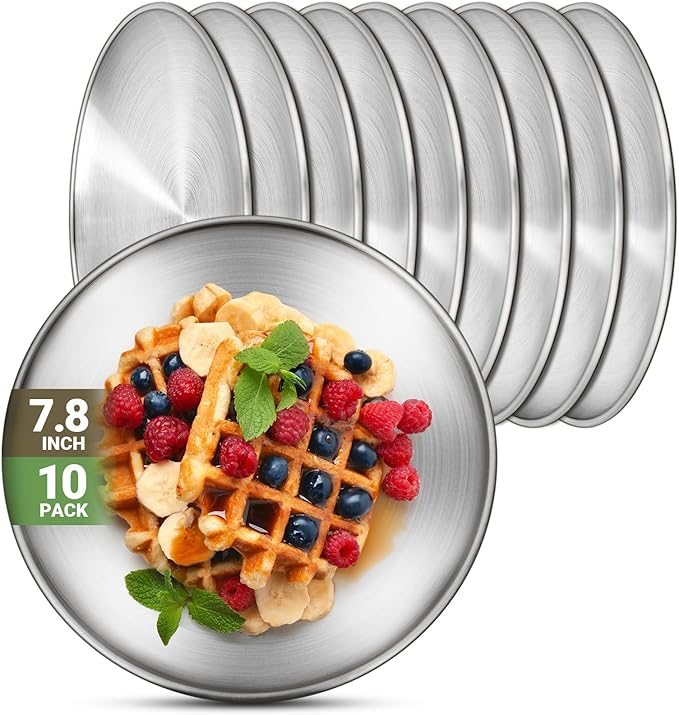 10 Stainless Steel Plates, 7.8 inch 304(18/8) Metal Camping Plate, Reusable Food Serving Dish Snack Eating Dishes Round Shatterproof Plate Silver Dinnerware for BBQ Dinner Oven Dishwasher Safe
