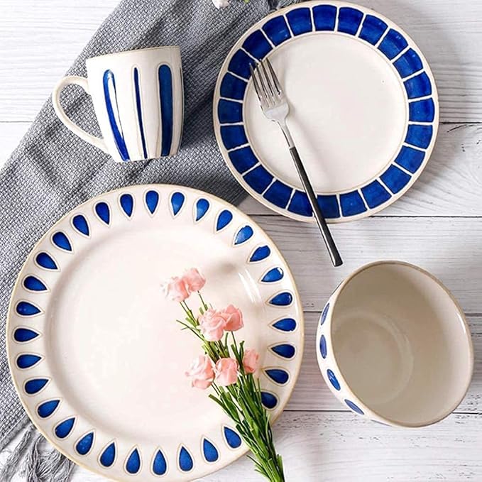 Elegant Dinner Plates,Fine Dinnerware Set,4 Pieces Blue White Ceramic Dinner Set Porcelain Mug Plate Bowl Lead-Free Tableware