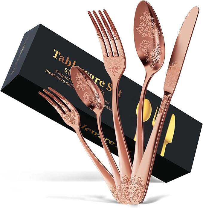 30-Piece Stainless Steel Silverware Set, Elegant Floral Engraved Cutlery Flatware Set for 6, Durable Tableware Utensil Sets for Formal Dining Include Fork Spoon Knife with Mirror Polish