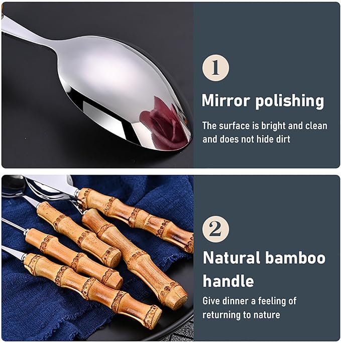 bamboo silverware set for 8,18/8 stainless steel flatware sets cutlery set for dinning,bamboo forks and spoons set (Silver, 40pcs (service for 8))