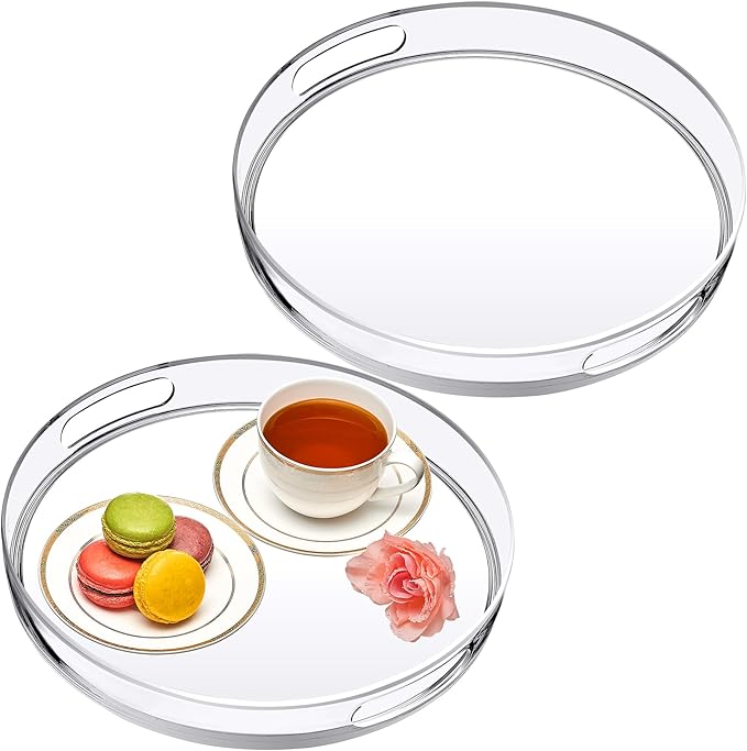 Amazing Abby - Sultana - 2-Pack Acrylic Vanity Tray (12" Dia.), Plastic Bathroom Countertop Organizer, Round Coffee Table Tray, Clear Dish for Home Decor, Great for Makeup, Perfume, Jewelry, and More