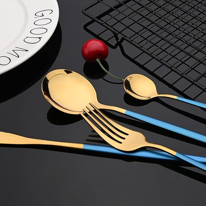 JASHII Hanging Flatware Set Include Knife Fork Spoon Teaspoon and Stand, 24pcs Stainless Steel Utensils Set Service for 6,Modern Design & Mirror Polished, Dishwasher Safe - Blue Gold
