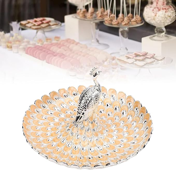 Peacock Shape Fruit Dish Tray, Decorative Storage Tray, Zinc Alloy Metal Snacks Plate Round Platter Serving Tray Cookie Storage Bowl for Home Party Cakes Cookies Candy (Silver Orange)