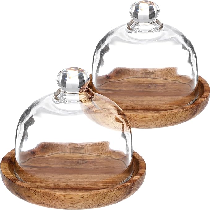 Amosfun Glass Dessert Dome Wooden Base Set - Mini Cake Stand Cake Serving Tray with 3 Inch Glass Dome Cover Birthday Wedding Party Dessert Serving Platter
