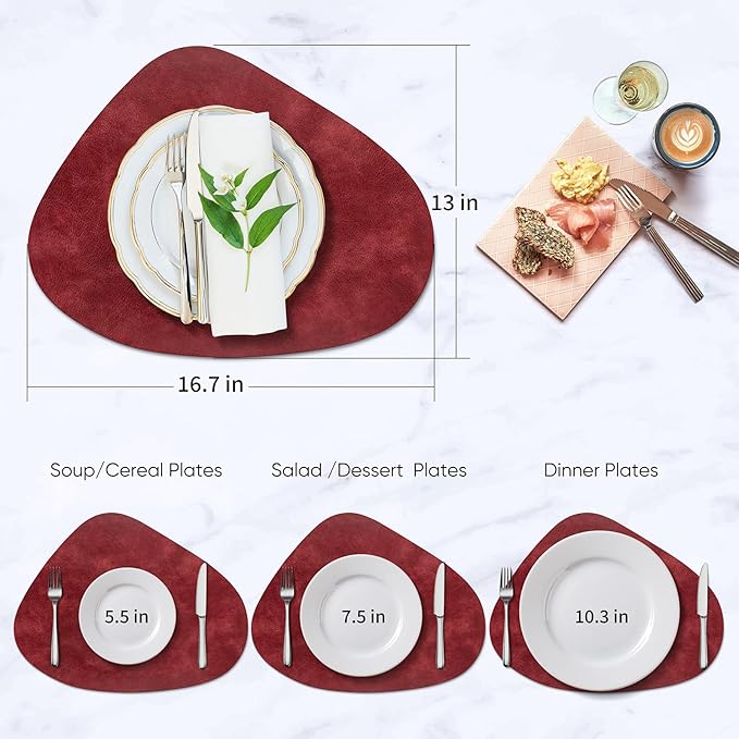 ADRIMER Placemats, Heat Resistant Round Placemats Set of 4 Washable 13 x 17 Inch, Waterproof Table Mats Wipeable for Kitchen, Dining Room Table Christmas Decor, Wine Red