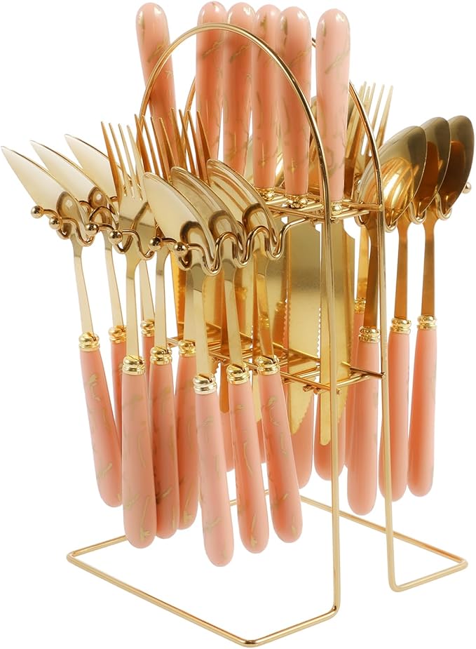 24 Pcs Silverware Set with Hanging Holder, Stainless Steel Flatware Set, Kitchen Utensil Tableware Set with Stainless Steel Knives and Forks and Spoons, Mirror Polished, Dishwasher Safe (Pink)