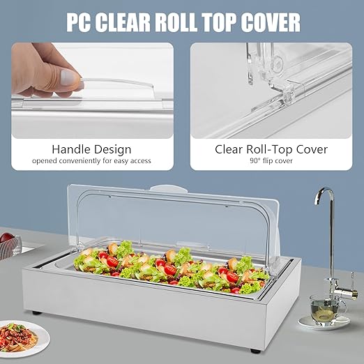 Cold Food Buffet Server, 6L Stainless Steel Ice Food Serving Display Tray with Clear Roll Top PC Cover and Ice Box, Countertop Chilled Serving Tray Platter for Fruit Party Buffet Silver