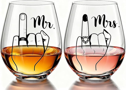 Funny Engagement Gift for Couples – Ring Finger Wine Glasses Set – Cool Bridal Shower/Wedding/Bachelorette Gift for Bride and Groom, Newlyweds, Bridal Shower, Just Married,Mr and Mrs