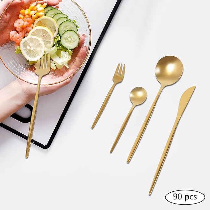 90PCS Gold Dinnerware Set, Gold Flatware Cutlery Set, Stainless Steel Utensils Set for Home Restaurant