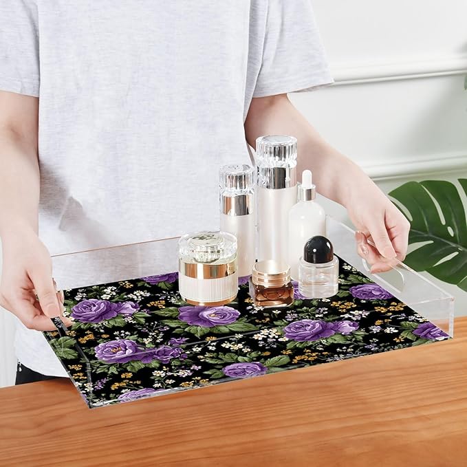 Serving Tray with Handles Clear Acrylic Tray 12x16 Inch Decorative Rectangular Tray Organizer for Ottoman Coffee Table Bathroom Vintage Floral Purple Roses