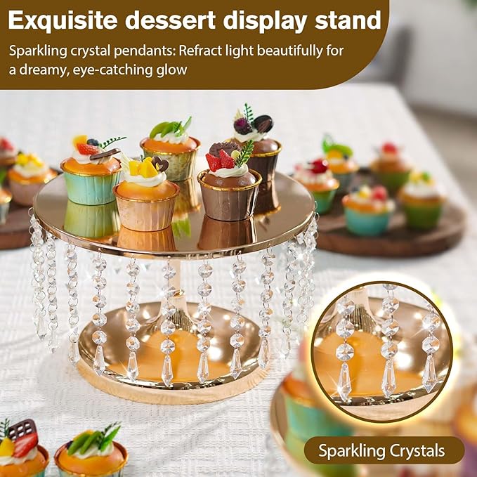 2 Pcs Gold Metal Mirror Cake Stand Set with Crystal Pendants - 11.8"W Elegant Dessert Table Display for Weddings, Birthday Parties, Baby Showers, Events - Sturdy Crystal Bling Cupcake Stands for Pastries, Sweets, Decorations