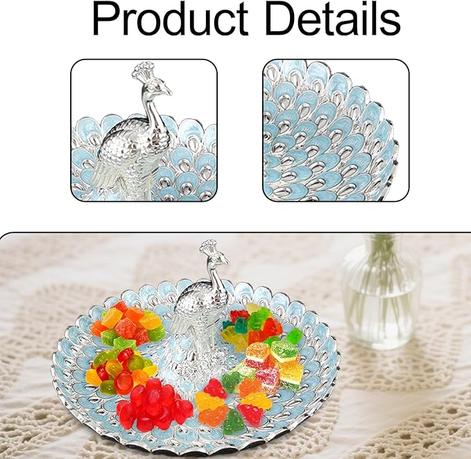 Fruit Plate Serving Tray Household Peacock Decorative Cosmetic Tray for Makeup Desk Dressing Table Dessert Candy Coffee Table, Silver Blue