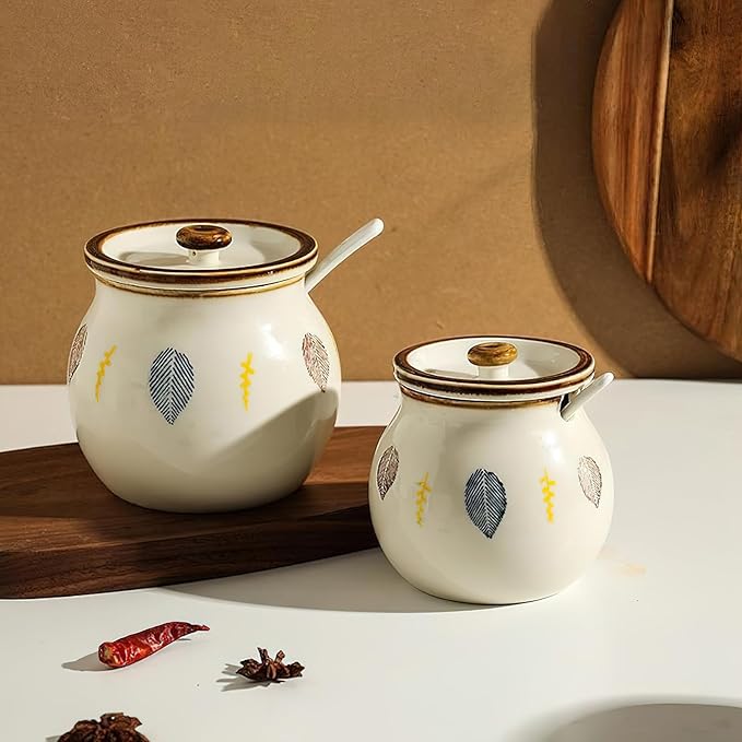 Ceramic Salt and Sugar Bowl, Porcelain Condiment Jars with Lid and Spoon, Seasoning Spice Pot Bowl, Salt Sugar Pepper Storage Jar, 600ml, Leaves