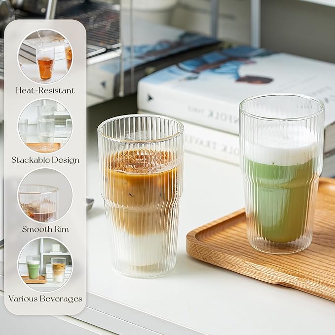 KEMORELA Set of 4 Ribbed Double-Walled Glass Cups, 16 oz / 480 ml Insulated Tumblers for Iced Coffee, Latte, Matcha, Smoothies & Bubble Tea – Clear Vertical Stripe Glassware, Dishwasher Safe