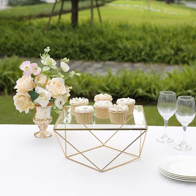Efavormart 12" Gold Metal Geometric Cake Stand Gold Cake Riser with Glass Top Glossy Metallic Finish for Dessert Cupcake Pastry Candy Display Plate Event, Birthday Party