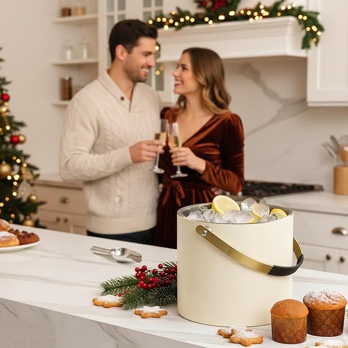 3.2L Modern Insulated Ice Bucket with Silicone Lid, Scoop, Strainer, Double Wall Stainless Steel Ice Bucket for Parties & Cocktail Bar,Ideal for Gift(Pearl White)