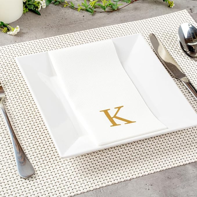 Luxenap 15.8 X 7.9 Inch Linen-Feel Guest Towels, 2000 Lettered Hand Towels - Gold Letter 'K', Sans Serif Font, White Paper Dinner Napkins, airlaid, For Restrooms And Tables