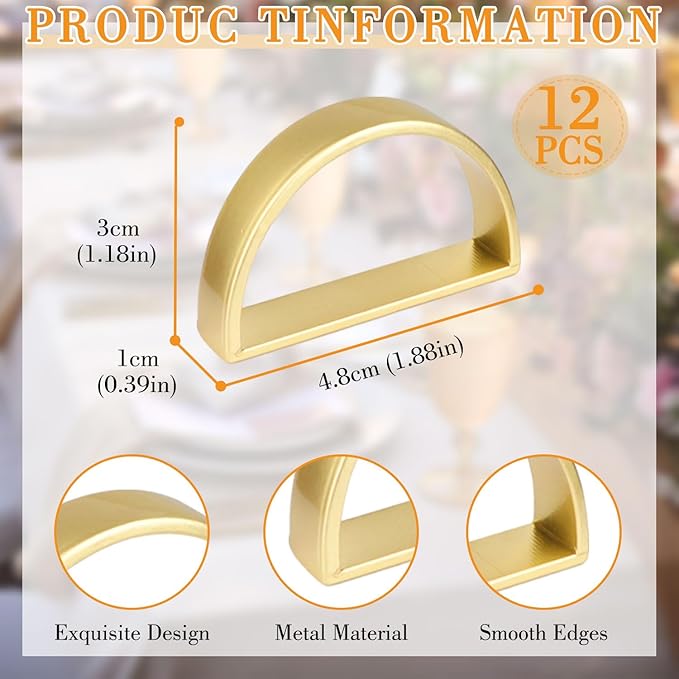 Stainless Steel Napkin Rings Metal Napkin Ring Holders, Yimerlen Holder Serviette Buckles for Family Dinner, Wedding, Party (Semicircle Matte Gold) 12 Pcs