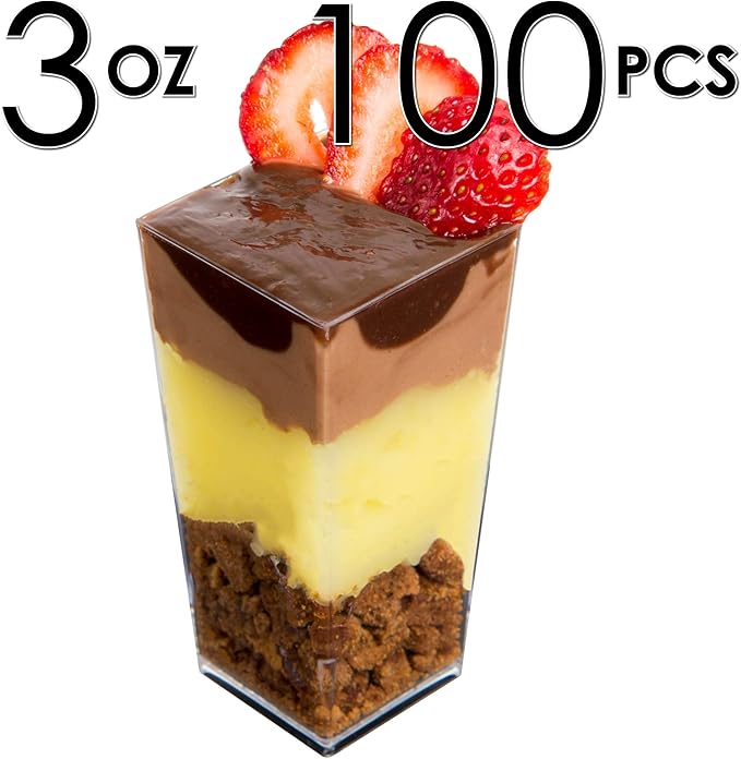 DLux 100 x 3 oz Mini Dessert Cups (no Spoons), Square Tall - Clear Plastic Parfait Appetizer Cup - Small Reusable Serving Bowl for Tasting Party Desserts Appetizers - With Recipe eBook