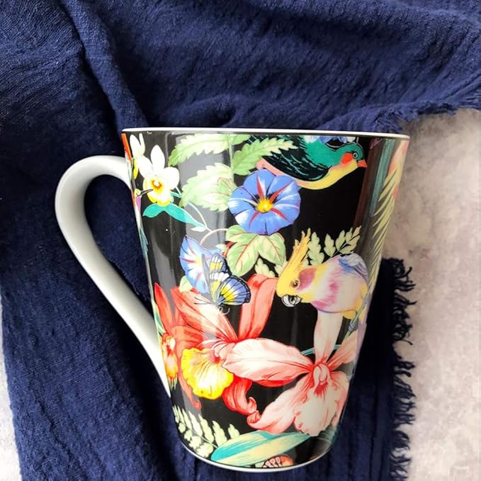 SHINING Porcelain Bone China Dinnerware Ceramic Floral Design Tableware Service Plate Mug Bowl Set (Black Breakfast Mug)