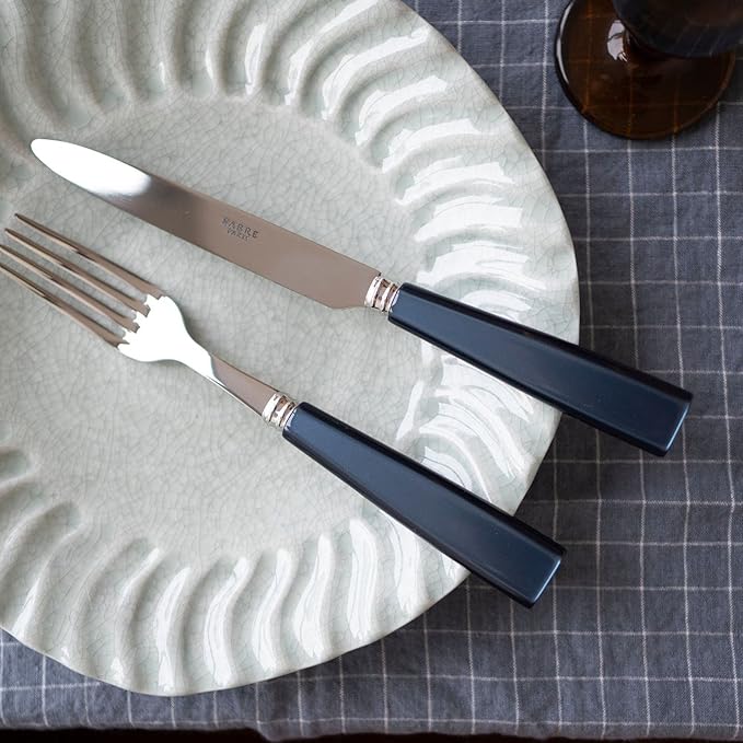 SABRE PARIS - 5-Piece Flatware Set - Icône Collection - Knife, Fork, Soup Spoon, Teaspoon & Dessert Fork - Stainless Steel & Acrylic - Dishwasher Safe - Midnight Blue