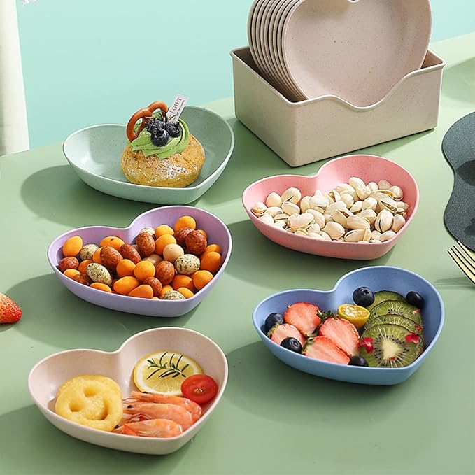 Incauca 5 Pack 6 Inch Heart Shape Mini Dipping Sauces Bowls, Unbreakable Wheat Straw Small Snack Dessert Dishes, Salad Plates for Sushi Side Dish Fruit Appetizer Cake, Assorted Colors