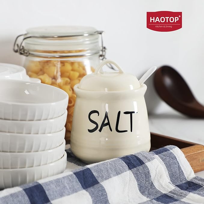 HAOTOP Salt Bowls with Lid and Spoon -12 oz Ceramic Salt Cellar, Salt Containers, Spice Box for Counter, Farmhouse Kitchen Decor, Beige