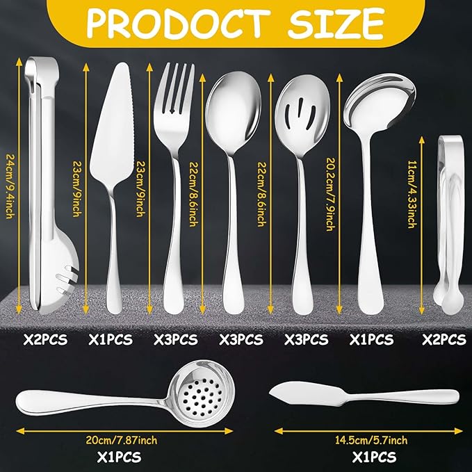 17 Pcs Silver Serving Utensils Set Include Stainless Steel Large Serving Spoons Slotted Spoons Forks Soup Ladle Pie Server - Metal Utensils for Parties Buffet Catering, Dishwasher Safe