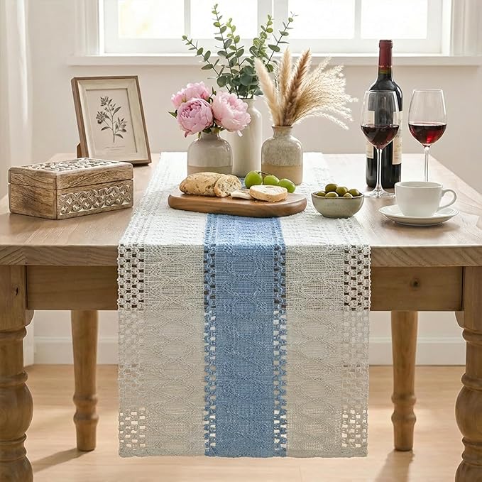 Artoid Mode Sky Blue Farmhouse Rustic Table Runner, Seasonal Holiday Hollow Kitchen Dining Table Decoration for Home Party Decor 12x60 Inch