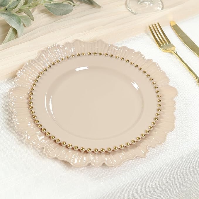 8" Salad Plates - Set of 20 - Plastic Taupe Round Disposable Dessert Appetizer Plate with Gold Beaded Rim, Ideal for Dinner Party Wedding Bulk Events