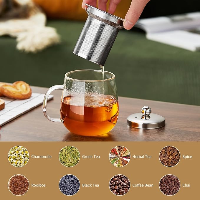 Glass Tea Cup with Infuser and Lid, 14.5oz/450ml Large Borosilicate Glass Teacup with Stailess Steel Filter, Clear Mug for Loose Leaf Blooming Tea, Dishwasher Safe - Tea Maker Gift.