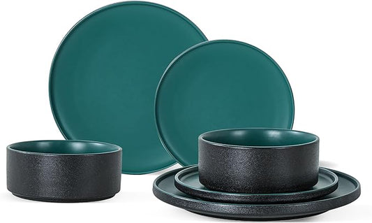 Plates and Bowls Sets, 6 Piece Ceramic Dinnerware Set for Family and Gatherings, Dishes Set for 2, Dishwasher & Microwave Safe, Handcrafted Stoneware Sets, Modern Green