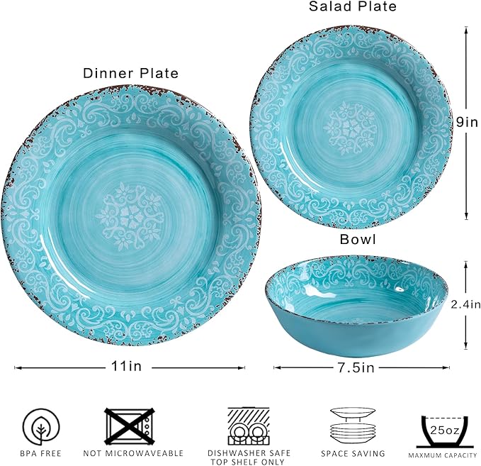 12-Piece Farmhouse Dinnerware Set, set of 4, 100% Melamine Dishes Serving Set with Plates and Bowls, Non-breakable and Lightweight Dinner Set for indoor and outdoor entertaining, Light Teal