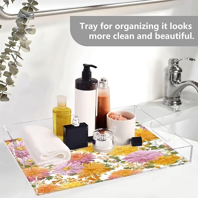 Serving Tray with Handles Clear Acrylic Tray 12x16 Inch Decorative Rectangular Tray Organizer for Ottoman Coffee Table Bathroom Pretty Chrysanthemum Flower