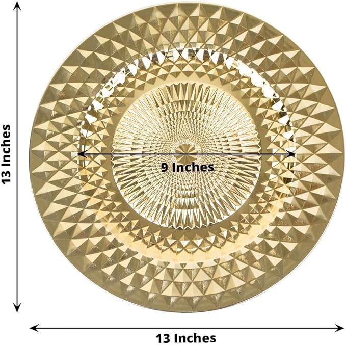 Efavormart 6 Pack | 13" Sparkling Gold Diamond Disposable Dinner Serving Plates, Shiny Round Plastic Charger Plates