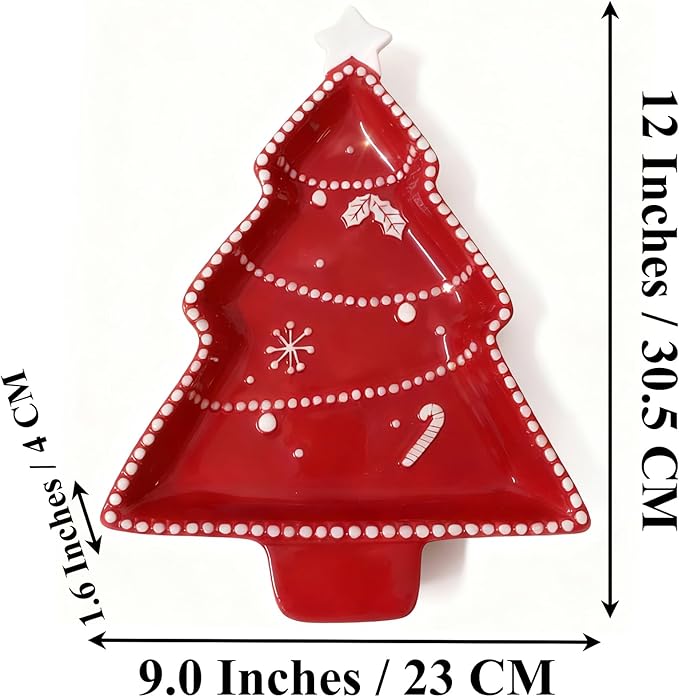 12 Inches Snacks Appetizer Trays Set, Christmas Tree Dessert Porcelain Serving Dishes, Snack Platter, Food Cereal Salad Tray, Red Xmas High Relief Ceramic Plate - Star