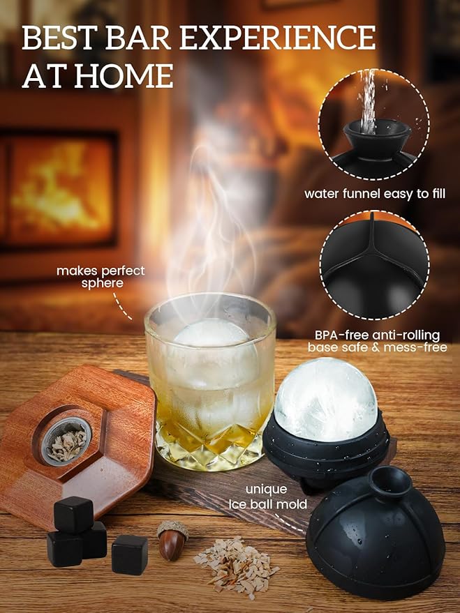 25Pcs Whiskey Smoker Kit-12 Wood Chips, Ice Ball Mold, Cocktail Smoker Infuser Kit, Old Fashioned Drink Smoker Kit, Christmas Birthday Bourbon Whiskey Gifts for Men,Husband,Dad,Him