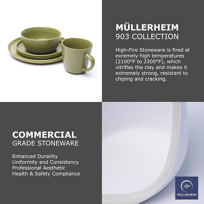 MÜLLERHEIM 903 Minimalist Collection 32-Piece Contemporary Ceramic Stoneware Dinnerware Sets for 8, Greek Olive Plates and Bowls sets, Dinner Plates Set, Salad Dish Set, Bowls, Cup