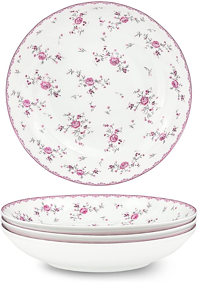 fanquare 8 Inch Porcelain Salad Bowls Set of 4, Round Floral Plates Set for Soup, Pasta, Dessert, Fruit