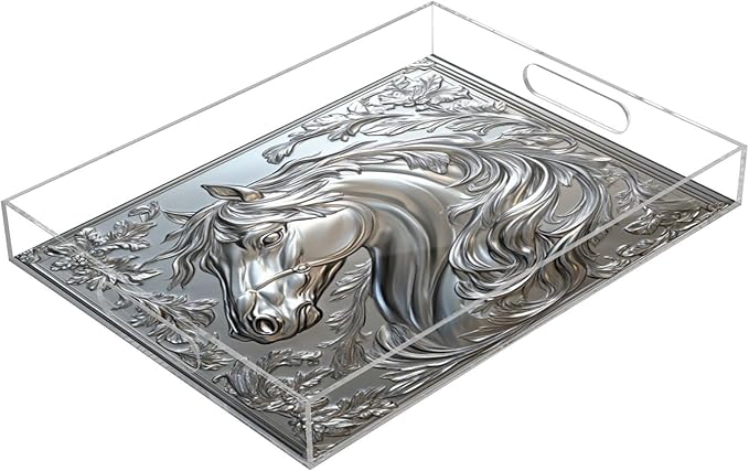 Horse Floral Relief Silver Serving Tray with Handles Decorative Ottoman Rectangle Acrylic Tray for Kitchen Bar Coffee Table 16"x12"