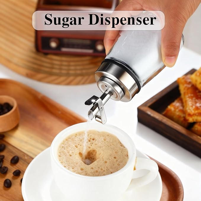 Glass Sugar Dispenser with Stainless Steel Lid, Automatic Pour Spout, Sugar Container for Coffee Bar, Sugar Jar, Sugar Bowl, Salt Shaker, 6OZ